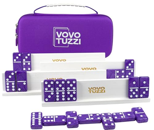 Vovotuzzi Dominos Set for Adults Double 6 Dominoes Set with 4 Domino Wooden Racks Marble Purple Dominos for Kids and Adults with Portable Travel Case Classic Board Games for Family - Image 1
