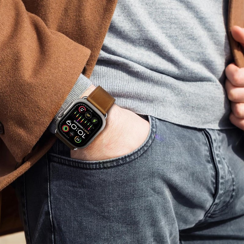 سوار OUHENG المتوافق مع Apple Watch مقاس 45مم 44مم 42مم 41مم 40مم 38مم، سوار بديل من الجلد الطبيعي لساعة iWatch SE والسلسلة 7 6 5 4 3 2 1 - Image 5