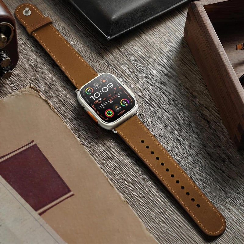 سوار OUHENG المتوافق مع Apple Watch مقاس 45مم 44مم 42مم 41مم 40مم 38مم، سوار بديل من الجلد الطبيعي لساعة iWatch SE والسلسلة 7 6 5 4 3 2 1 - Image 4