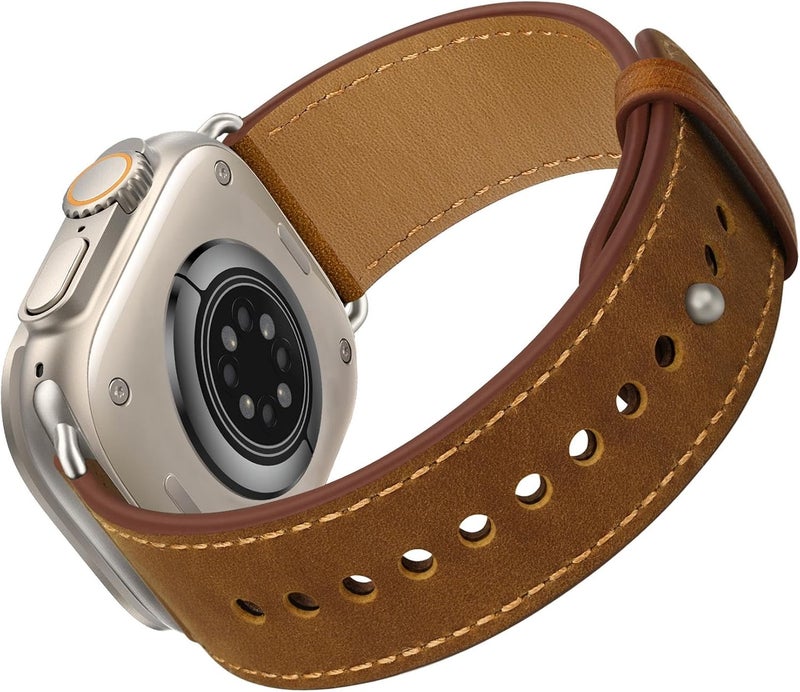 سوار OUHENG المتوافق مع Apple Watch مقاس 45مم 44مم 42مم 41مم 40مم 38مم، سوار بديل من الجلد الطبيعي لساعة iWatch SE والسلسلة 7 6 5 4 3 2 1 - Image 2