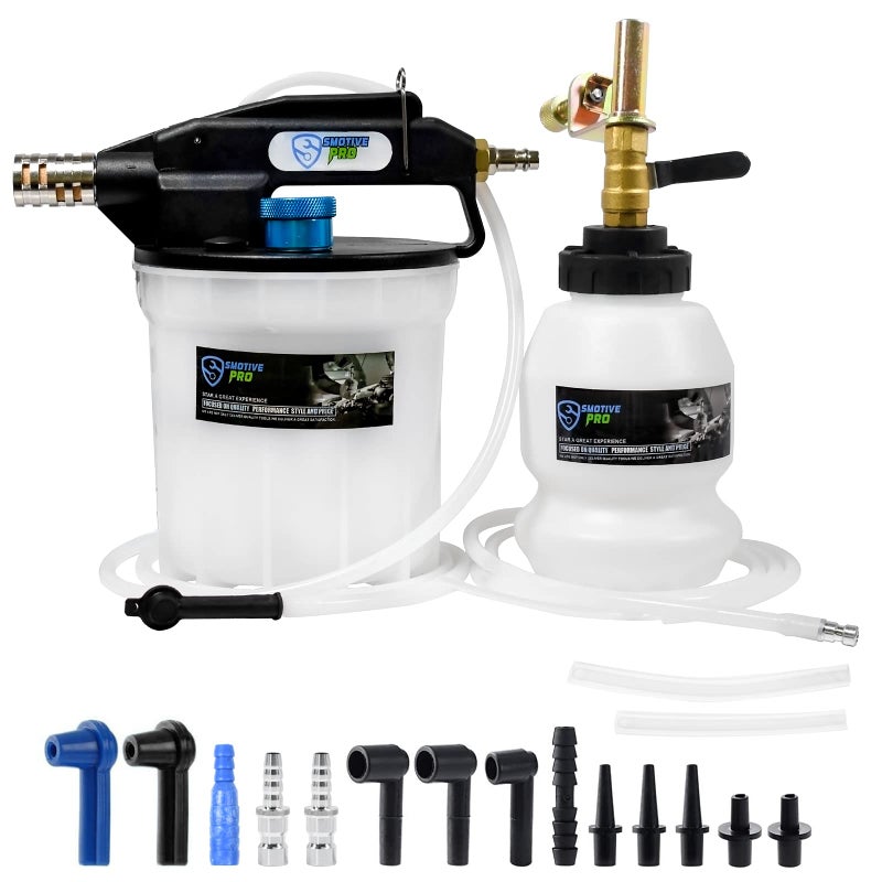 SMOTIVEPRO Pneumatic 2L Vacuum Brake Bleeder Fluid Extractor Pump KitHandsFree Operation Air Pressure Brake Bleeder Tool with Adapters 1L Refilling Bottle