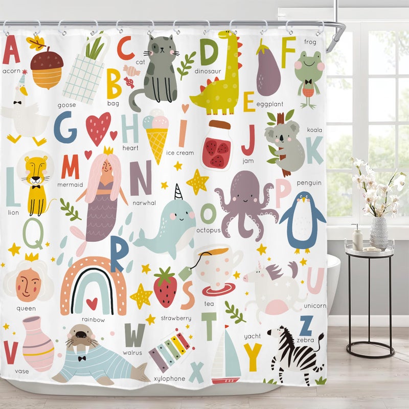 Riyidecor Riyidecor Kids Alphabet Shower Curtain for Bathroom Decor 72Wx72H ABC Educational Learning Tool Baby Cartoon Animals Colorful Girls Boys Art Printed Fabric Polyester Waterproof 12 Pack Plastic Hooks 