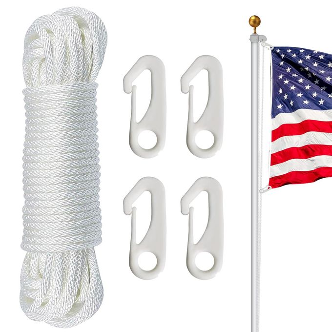 NQ Flag Pole Rope Kit 50 Feet x 14 Diameter Flag Pole Halyard Nylon Rope with 4 Pieces Flag Pole Hook Clips Outdoor Flagpole Accessories Rope for Clothesline Swing Camping 50FT White
