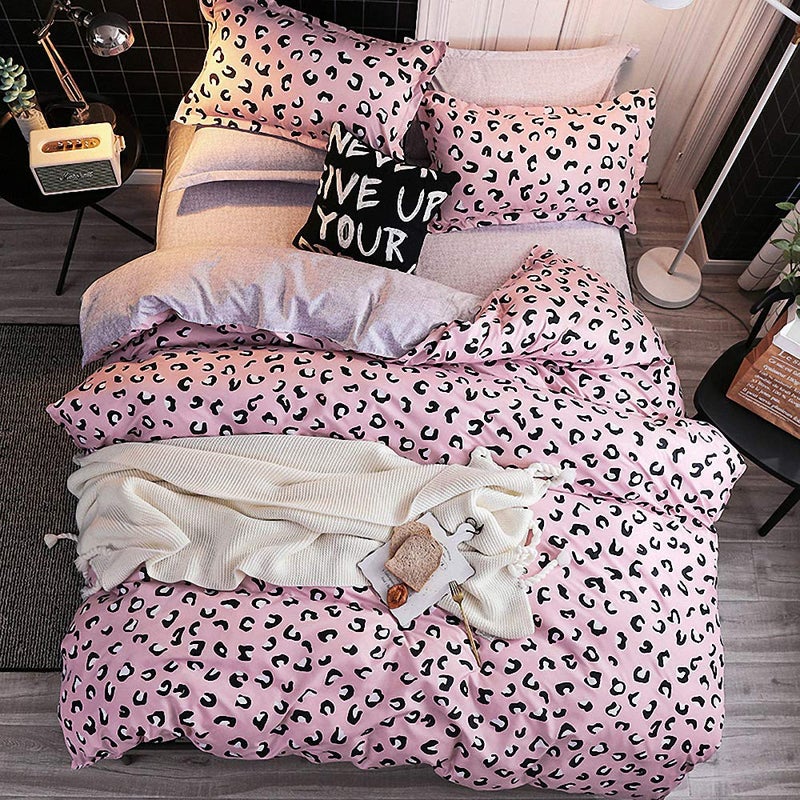 JQWUPUP Cute Leopard Duvet Cover Set Double 3 Pcs Soft Quilt Cover with Zipper for Teens Kids Boys Girls Adult Women Durable Reversible Microfiber Double Pink