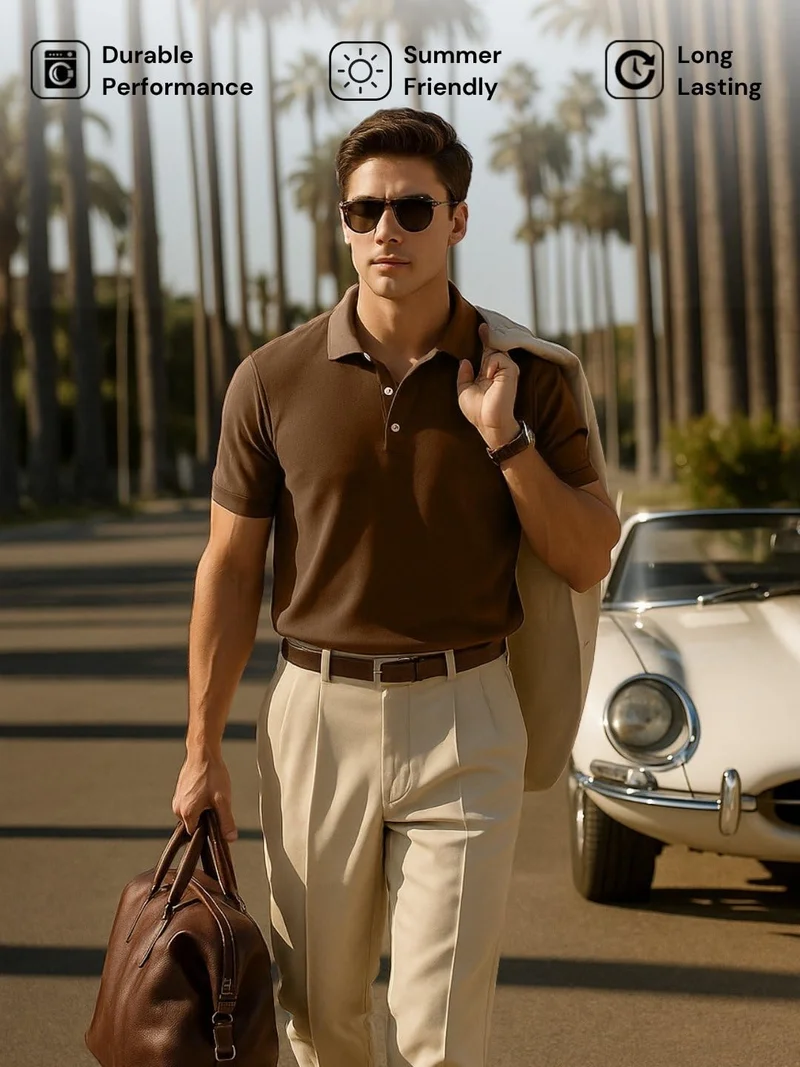 NOBERO Brown Cotton Regular Fit Polo Shirt for Men