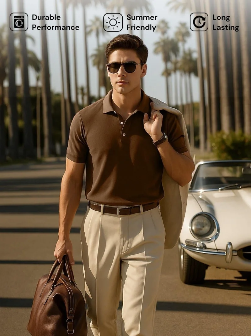 نوبيرو Brown Cotton Regular Fit Polo Shirt for Men