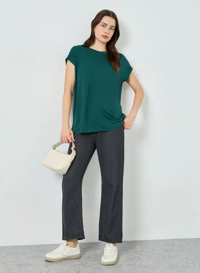 Styli Green Relaxed Fit Solid T-Shirt