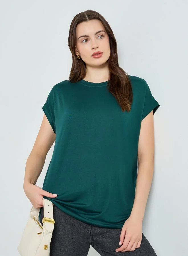 Styli Green Relaxed Fit Solid T-Shirt