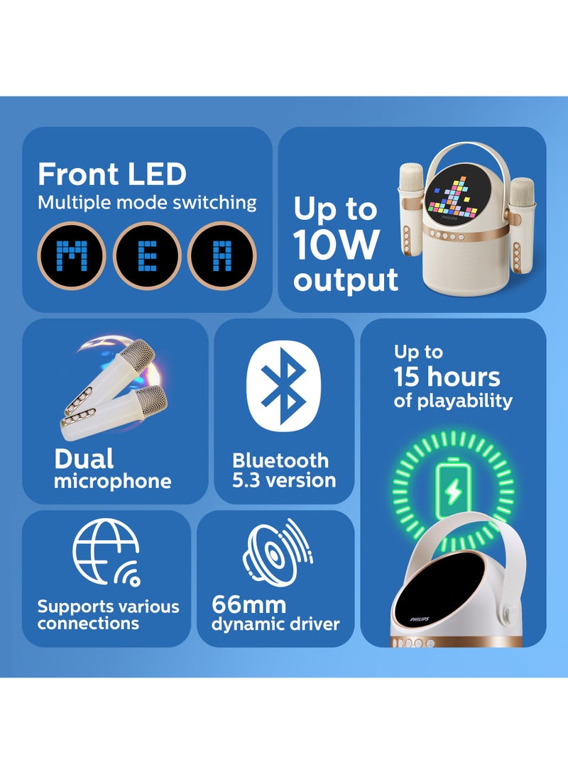 Philips Wireless Bluetooth Karaoke Speaker with 2 Microphones, 6 Vocal Effects, 4 Visual Display Modes, 7-Hour Playtime, Multiple Connectivity Options-USB/AUX/TF Card with Carry Strap White - Image 2