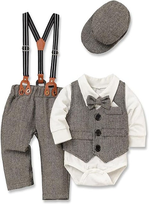 ملابس الأطفال للأولاد - ثوب الطفل الرضيع الرسمي مع سترة، بذلة قصيرة قابلة للإزالة مع حمالات قابلة للفصل، رباط عنق، وقبعة بيريه.