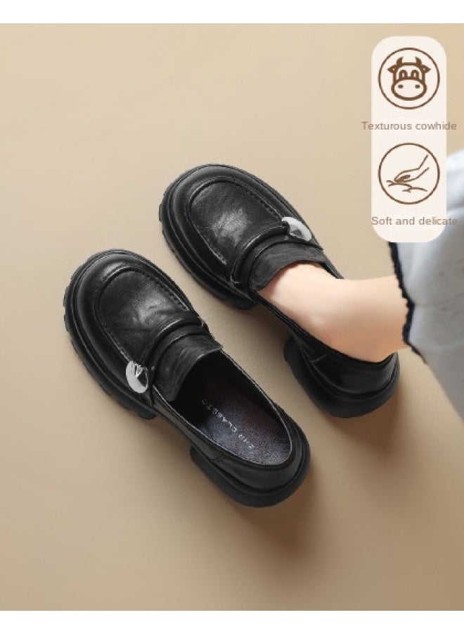 ZHR 【top Grain Leather】 حذاء انزلاقي بمشبك معدني للنساء البريطانيات، لوفرات من جلد طبيعي بسطح مرتفع للربيع والخريف - Image 1