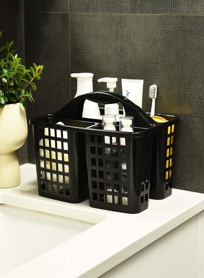 ALINK Plastic Shower Caddy Basket with Compartments, Portable Divided Cleaning Supply Storage Organizer with Handle for College Dorm Bathroom - Black - Image 2