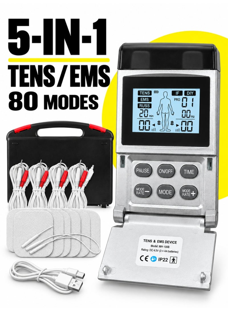 1 طابق سرداب جهاز TENS EMS لتحفيز العضلات والتدليك الكهربائي 5 في 1، وظائف TENS وEMS وRUSS وIF وDIY، 80 وضعًا، 4 قنوات، 8 لاصقات كهربائية، تحكم قابل للتعديل في التردد والشدة - Image 1