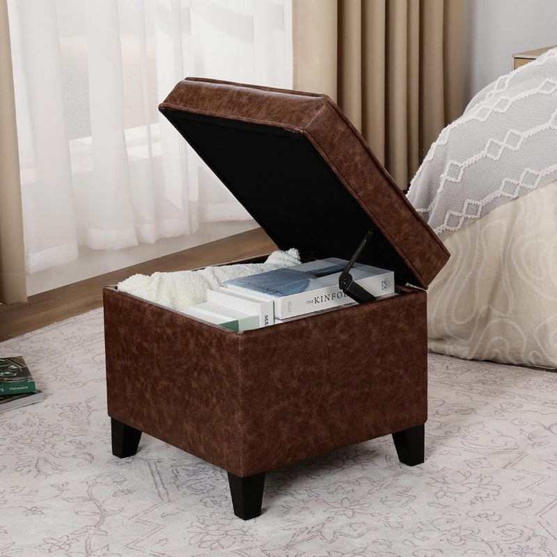 Adeco 17" Storage Ottoman Foot Rest Stool, Dark Brown Leather Ottoman with Black Solid Wood Legs and Hinged Lid, Small Foot Stool for Living Room, Bedroom - Image 1