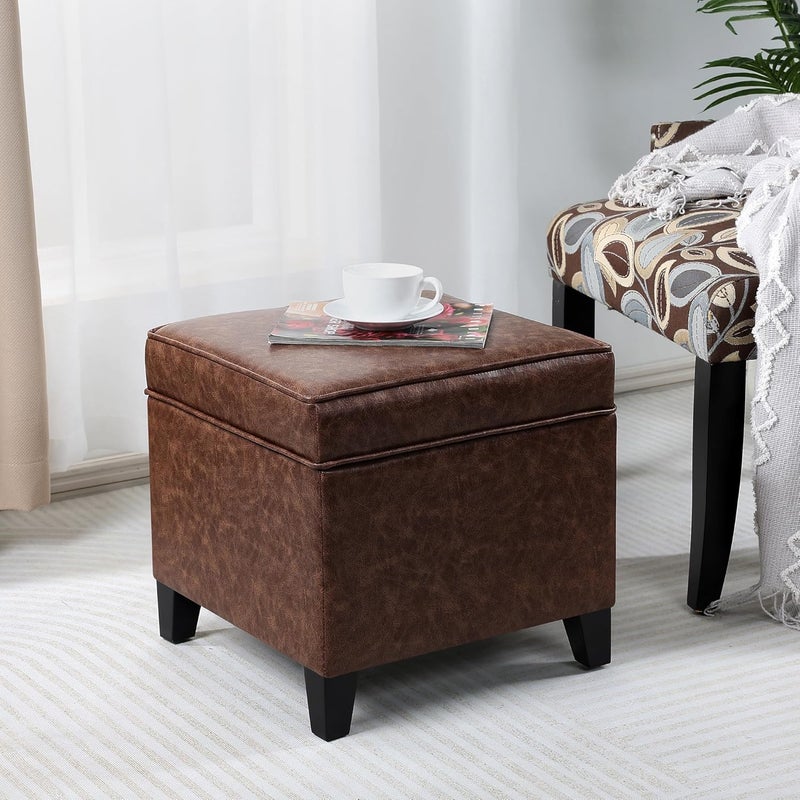 Adeco 17" Storage Ottoman Foot Rest Stool, Dark Brown Leather Ottoman with Black Solid Wood Legs and Hinged Lid, Small Foot Stool for Living Room, Bedroom - Image 4