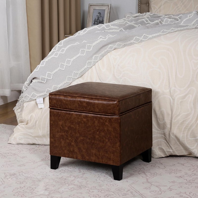 Adeco 17" Storage Ottoman Foot Rest Stool, Dark Brown Leather Ottoman with Black Solid Wood Legs and Hinged Lid, Small Foot Stool for Living Room, Bedroom - Image 3