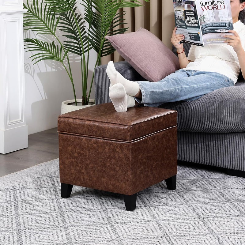 Adeco 17" Storage Ottoman Foot Rest Stool, Dark Brown Leather Ottoman with Black Solid Wood Legs and Hinged Lid, Small Foot Stool for Living Room, Bedroom - Image 5