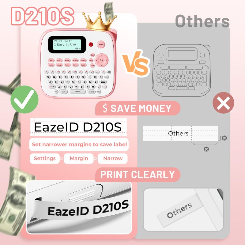 آلة صنع الملصقات الوردية من EazeID مع أشرطة محمولة للأطفال، صانع ملصقات لوحة مفاتيح QWERTY، ملصق سهل الاستخدام D210S مع إطار متعدد الخطوط، رمز شريطي للاستخدام المنزلي والمكتب الصغير - Image 3