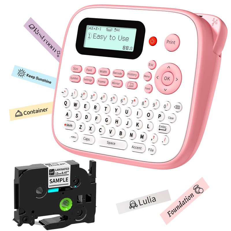 آلة صنع الملصقات الوردية من EazeID مع أشرطة محمولة للأطفال، صانع ملصقات لوحة مفاتيح QWERTY، ملصق سهل الاستخدام D210S مع إطار متعدد الخطوط، رمز شريطي للاستخدام المنزلي والمكتب الصغير - Image 1