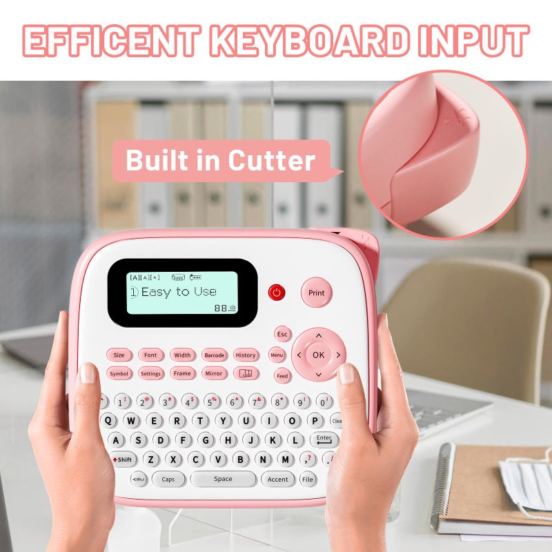 آلة صنع الملصقات الوردية من EazeID مع أشرطة محمولة للأطفال، صانع ملصقات لوحة مفاتيح QWERTY، ملصق سهل الاستخدام D210S مع إطار متعدد الخطوط، رمز شريطي للاستخدام المنزلي والمكتب الصغير - Image 5