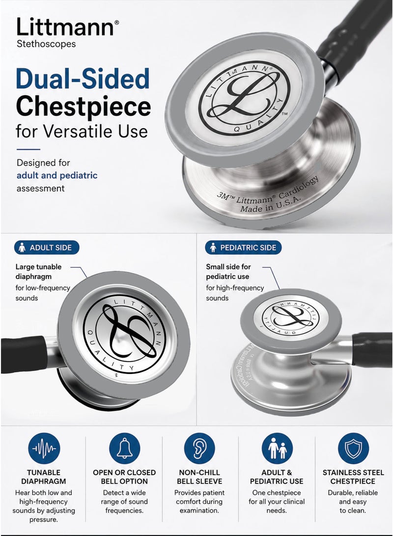 3M Littmann Classic III Monitoring Stethoscope Model 5803, Premium Matte Black-Finish Stainless Steel Dual-Sided Chestpiece, Black Tubing, Adult and Pediatric Tunable Diaphragms, Soft-Sealing Eartips, Non-Chill Bell Sleeve, 27 Inch / 69 cm - Image 3