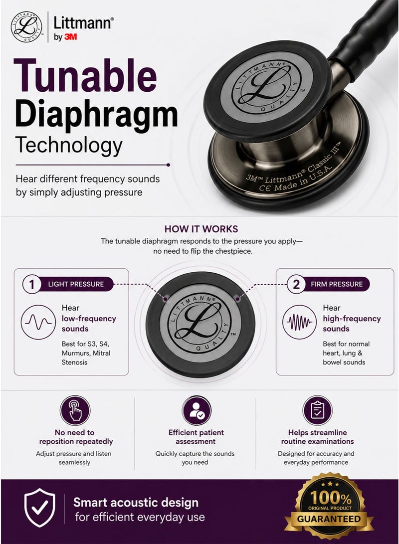 3M Littmann Classic III Monitoring Stethoscope Model 5803, Premium Matte Black-Finish Stainless Steel Dual-Sided Chestpiece, Black Tubing, Adult and Pediatric Tunable Diaphragms, Soft-Sealing Eartips, Non-Chill Bell Sleeve, 27 Inch / 69 cm - Image 4