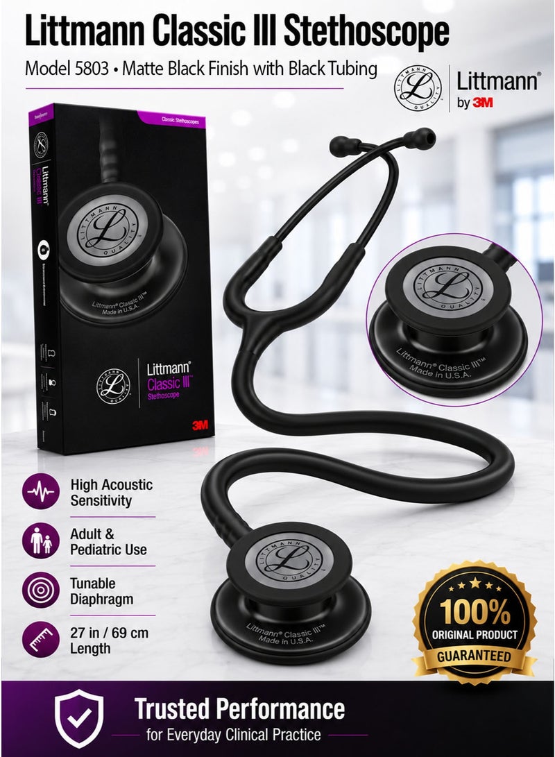 3M Littmann Classic III Monitoring Stethoscope Model 5803, Premium Matte Black-Finish Stainless Steel Dual-Sided Chestpiece, Black Tubing, Adult and Pediatric Tunable Diaphragms, Soft-Sealing Eartips, Non-Chill Bell Sleeve, 27 Inch / 69 cm - Image 1