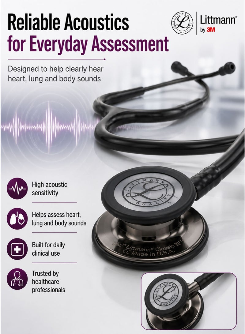 3M Littmann Classic III Monitoring Stethoscope Model 5803, Premium Matte Black-Finish Stainless Steel Dual-Sided Chestpiece, Black Tubing, Adult and Pediatric Tunable Diaphragms, Soft-Sealing Eartips, Non-Chill Bell Sleeve, 27 Inch / 69 cm - Image 2