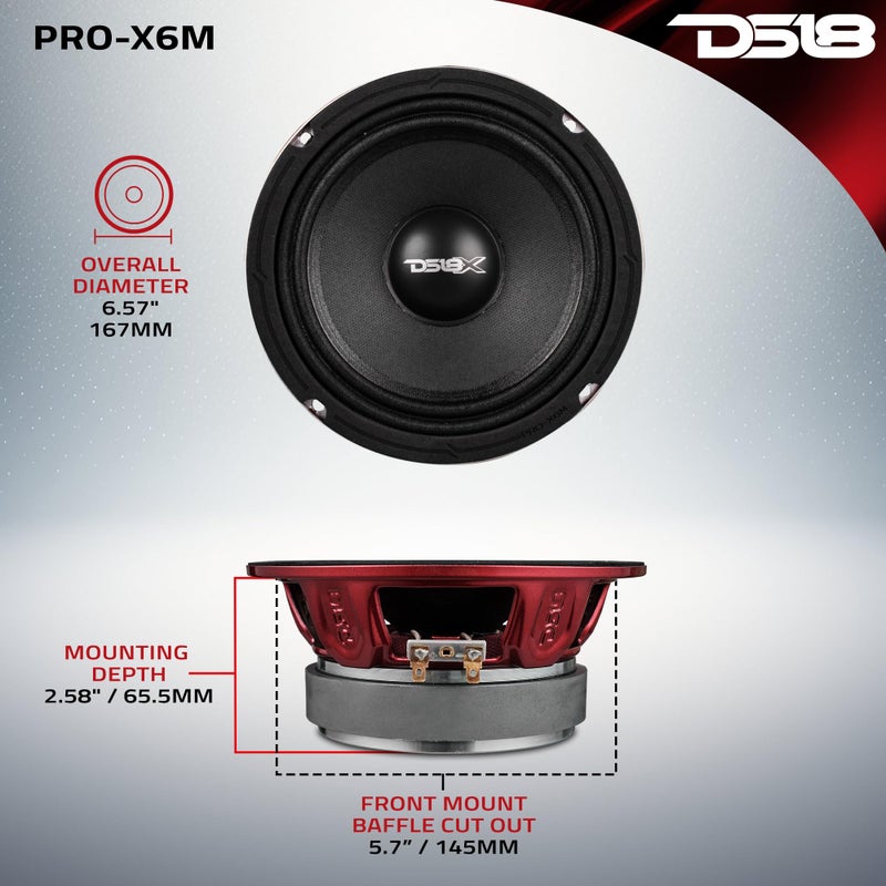 DS18 PRO-X6M Loudspeaker - 6.5", Midrange, Red Aluminum Bullet, 450W Max, 225W RMS, 8 Ohms - Premium Quality Audio Door Speakers for Car or Truck Stereo Sound System (1 Speaker), Classic - Image 4