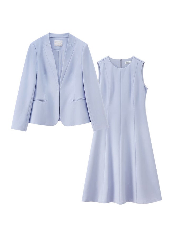 Sentubila Autumn Commuter Women's Suit V-neck Single-on Long-sleeve Padded Shoulder Blazer Tailored Round Neck A-line Vest Dress