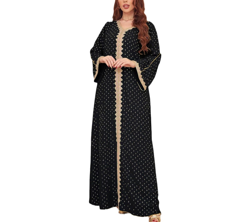 FPOVFPO Women's Muslim Abaya One-Piece V Neck Bronzing Dress Islamic Full Length Kaftan Daily Casual Black - Image 3