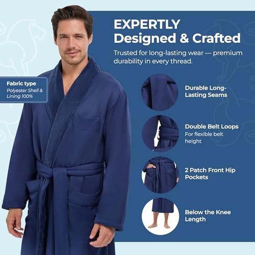 MONARCH Plush Lined Microfiber Bath Robe for Men or Women – Soft Microfiber Shell with Polyester Lining, Generously Sized Resort-Grade Spa & Hotel Robe with Pockets - Machine Washable (Navy) - Image 4