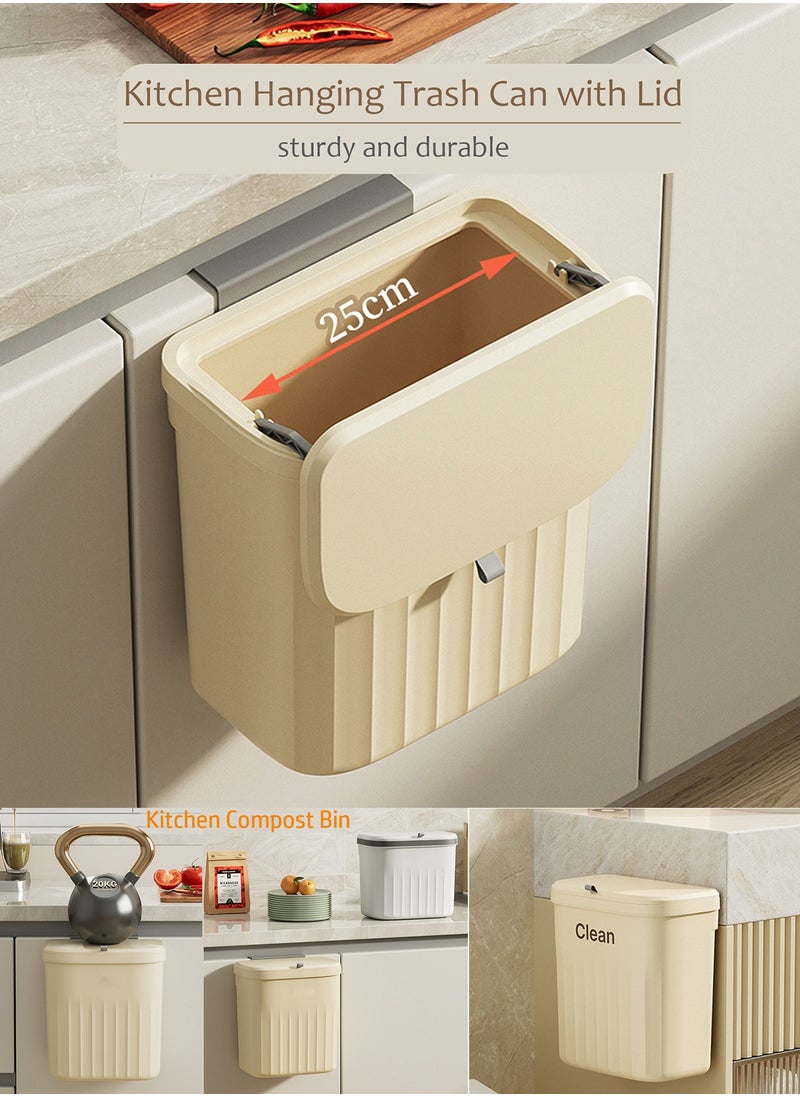 Qiccijoo - Qiccijoo Kitchen Hanging Trash Can with Lid,3.2 Gallon Waste Bin,Small Plastic Compost Bin for Counter Top or Under Sink Wall-Mounted Garbage Can for Bedroom,Bathroom,Cabinet,Car and Office(Cream) - Image 1