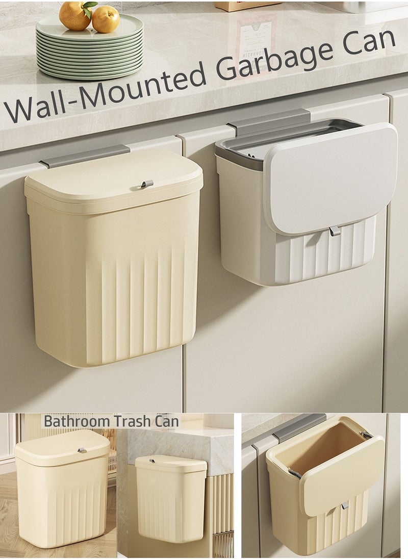 Qiccijoo - Qiccijoo Kitchen Hanging Trash Can with Lid,3.2 Gallon Waste Bin,Small Plastic Compost Bin for Counter Top or Under Sink Wall-Mounted Garbage Can for Bedroom,Bathroom,Cabinet,Car and Office(Cream) - Image 1