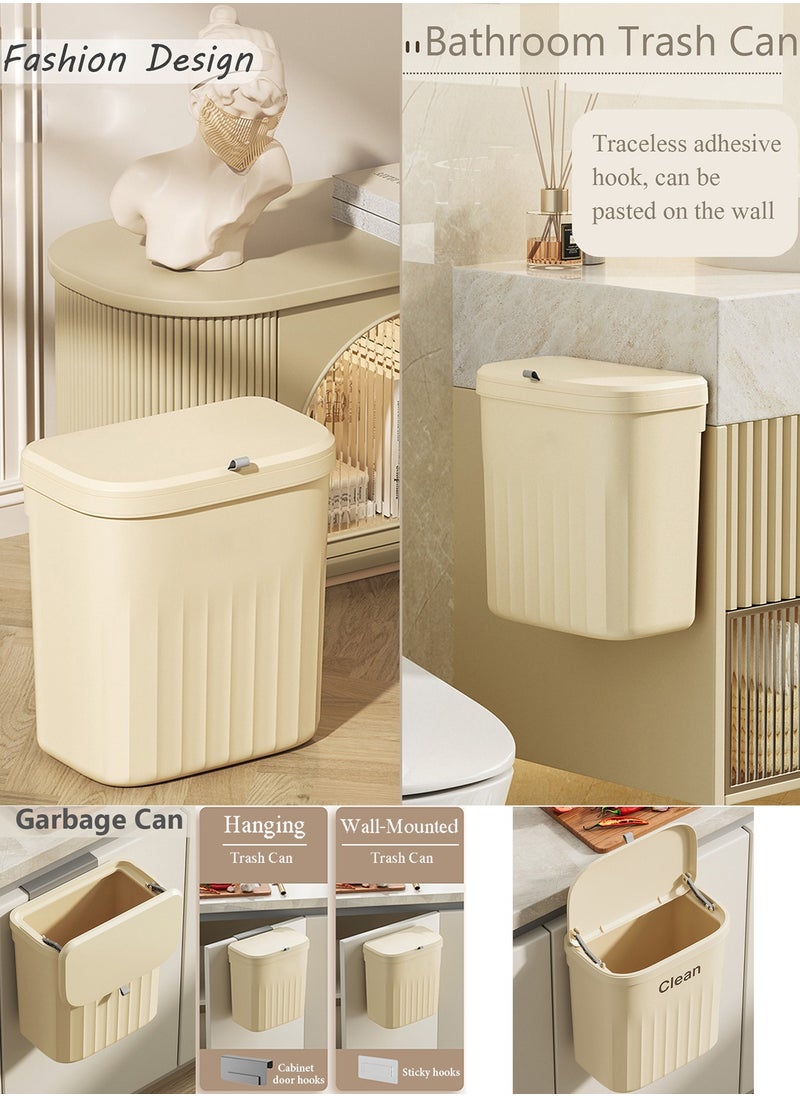 Qiccijoo - Qiccijoo Kitchen Hanging Trash Can with Lid,3.2 Gallon Waste Bin,Small Plastic Compost Bin for Counter Top or Under Sink Wall-Mounted Garbage Can for Bedroom,Bathroom,Cabinet,Car and Office(Cream) - Image 1