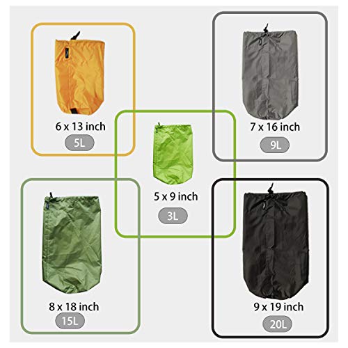 Frelaxy Stuff Sack Set 5-Pack (3L&5L&9L&15L&20L), Ultralight Ditty Bags with Dust Flap for Traveling Hiking Backpacking (Neon Green&Orange&Gray&Army Green&Black) - Image 2