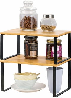 HomarKet 2-Pcs Counter Shelves Organizer Kitchen Stackable Expandable Cabinet Shelf - Wood Organizer Expandable CounterTop Racks For Office Bathroom  Bedroom Metal and Bamboo  - Image 3