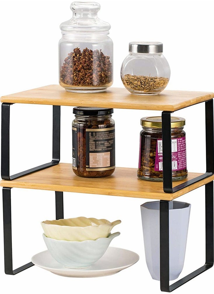 HomarKet 2-Pcs Counter Shelves Organizer Kitchen Stackable Expandable Cabinet Shelf - Wood Organizer Expandable CounterTop Racks For Office Bathroom  Bedroom Metal and Bamboo  - Image 3