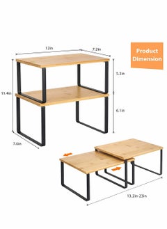 HomarKet 2-Pcs Counter Shelves Organizer Kitchen Stackable Expandable Cabinet Shelf - Wood Organizer Expandable CounterTop Racks For Office Bathroom  Bedroom Metal and Bamboo  - Image 4