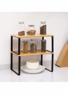 HomarKet 2-Pcs Counter Shelves Organizer Kitchen Stackable Expandable Cabinet Shelf - Wood Organizer Expandable CounterTop Racks For Office Bathroom  Bedroom Metal and Bamboo  - Image 2