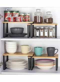 HomarKet 2-Pcs Counter Shelves Organizer Kitchen Stackable Expandable Cabinet Shelf - Wood Organizer Expandable CounterTop Racks For Office Bathroom  Bedroom Metal and Bamboo  - Image 5