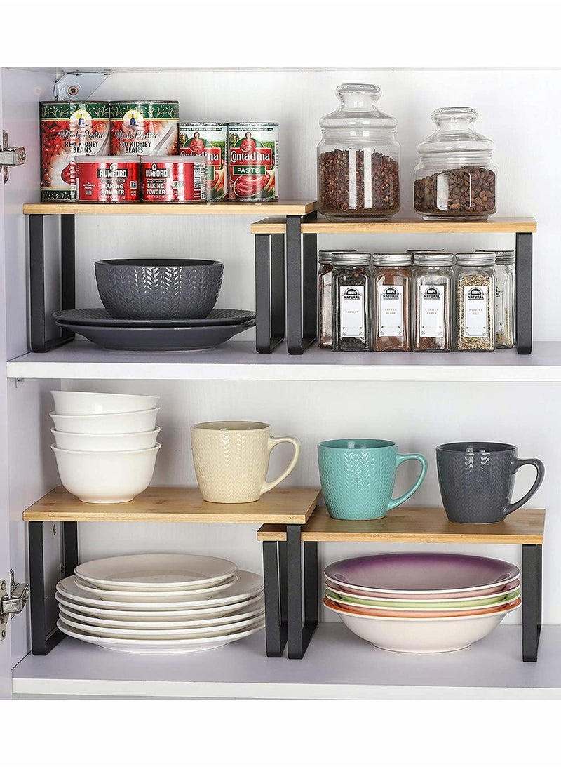 HomarKet 2-Pcs Counter Shelves Organizer Kitchen Stackable Expandable Cabinet Shelf - Wood Organizer Expandable CounterTop Racks For Office Bathroom  Bedroom Metal and Bamboo  - Image 5