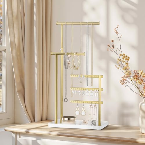 susswiff Jewelry Holder Organizer Stand - Adjustable Tall 17.5" (Max), Sturdy Jewelry Hanger for Necklaces, Earrings, Bracelets, Rings, Jewlery Display and Storage, Gold and White, Metal - Image 2
