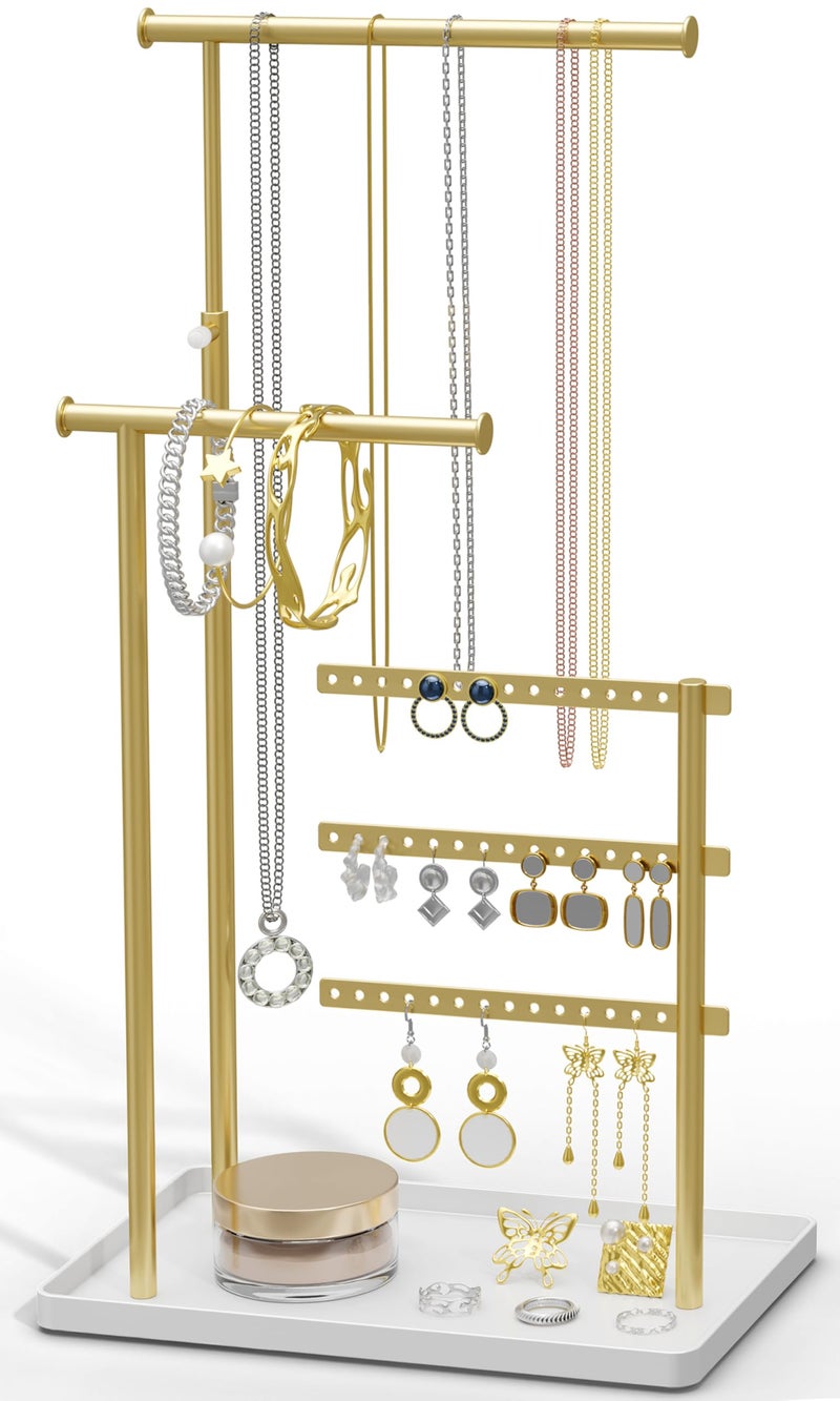 susswiff Jewelry Holder Organizer Stand - Adjustable Tall 17.5" (Max), Sturdy Jewelry Hanger for Necklaces, Earrings, Bracelets, Rings, Jewlery Display and Storage, Gold and White, Metal - Image 1