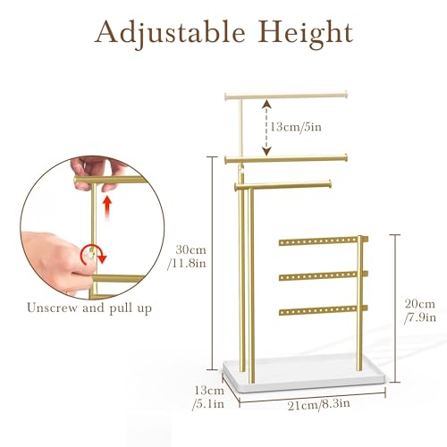 susswiff Jewelry Holder Organizer Stand - Adjustable Tall 17.5" (Max), Sturdy Jewelry Hanger for Necklaces, Earrings, Bracelets, Rings, Jewlery Display and Storage, Gold and White, Metal - Image 3