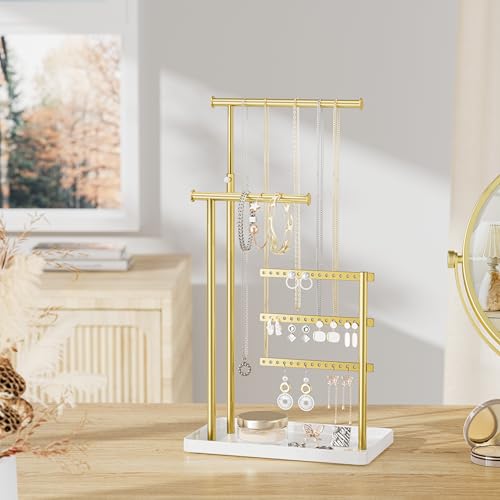susswiff Jewelry Holder Organizer Stand - Adjustable Tall 17.5" (Max), Sturdy Jewelry Hanger for Necklaces, Earrings, Bracelets, Rings, Jewlery Display and Storage, Gold and White, Metal - Image 5