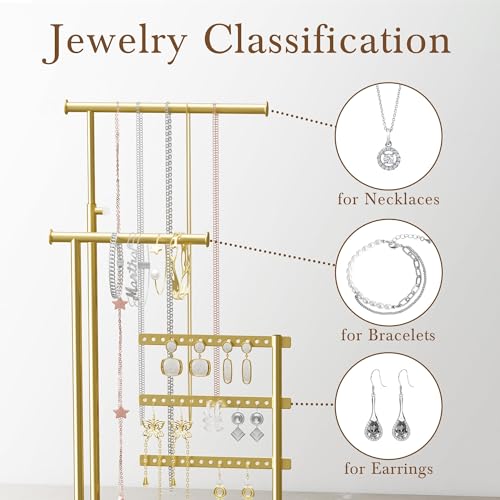 susswiff Jewelry Holder Organizer Stand - Adjustable Tall 17.5" (Max), Sturdy Jewelry Hanger for Necklaces, Earrings, Bracelets, Rings, Jewlery Display and Storage, Gold and White, Metal - Image 4