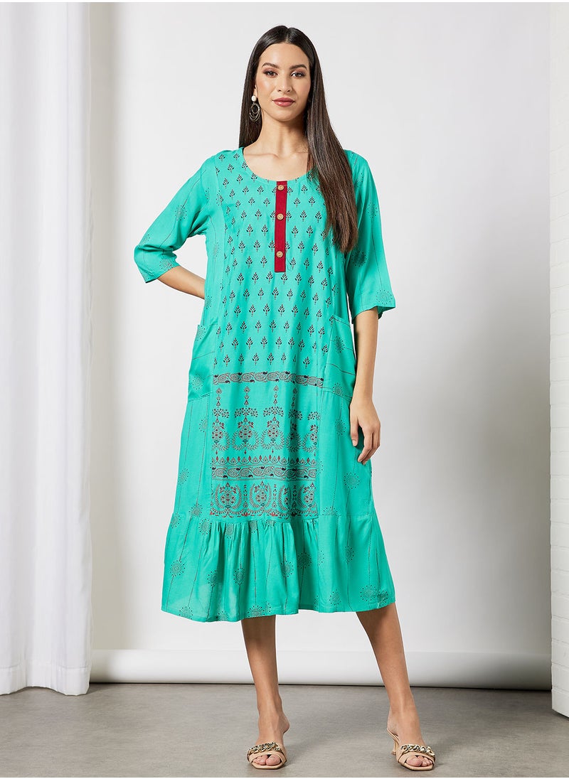 HANA & SARA - All Over Printed Round Neck Three Quarter Sleeve Jalabiya With Facemask - Image 1