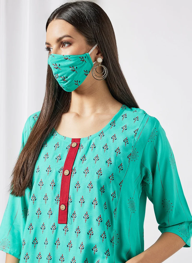 HANA & SARA All Over Printed Round Neck Three Quarter Sleeve Jalabiya With Facemask