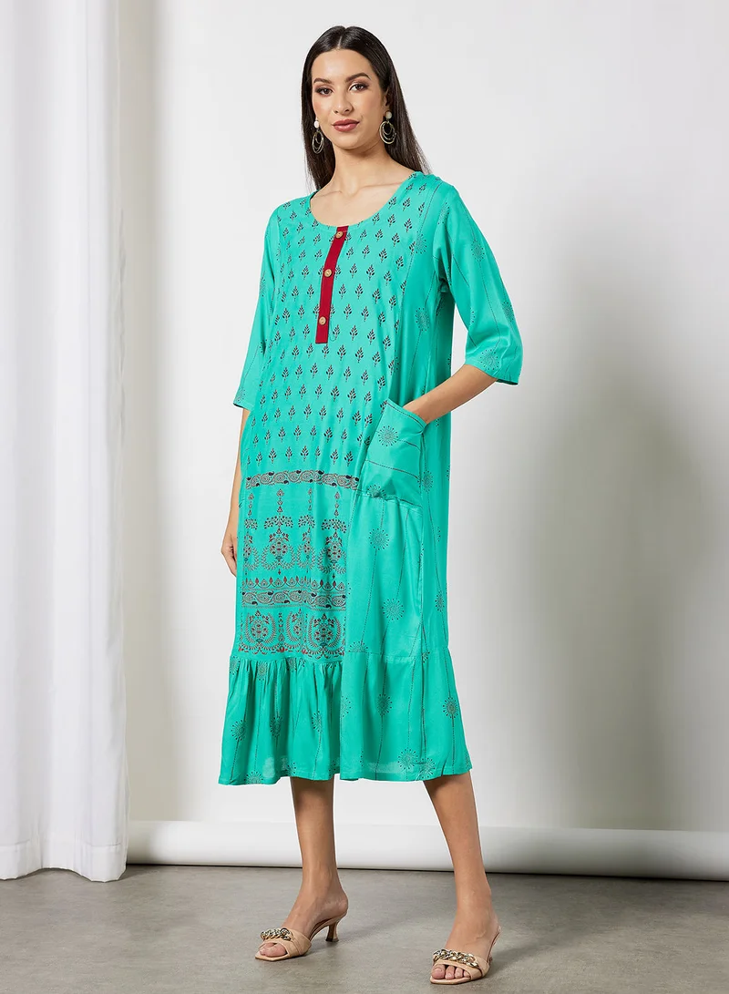 HANA & SARA All Over Printed Round Neck Three Quarter Sleeve Jalabiya With Facemask